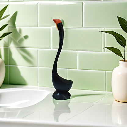 Swan-shaped toilet brush with angled bristles, floor mount, no-drill installation, long handle, medium firmness, kickstand, no electricity required.