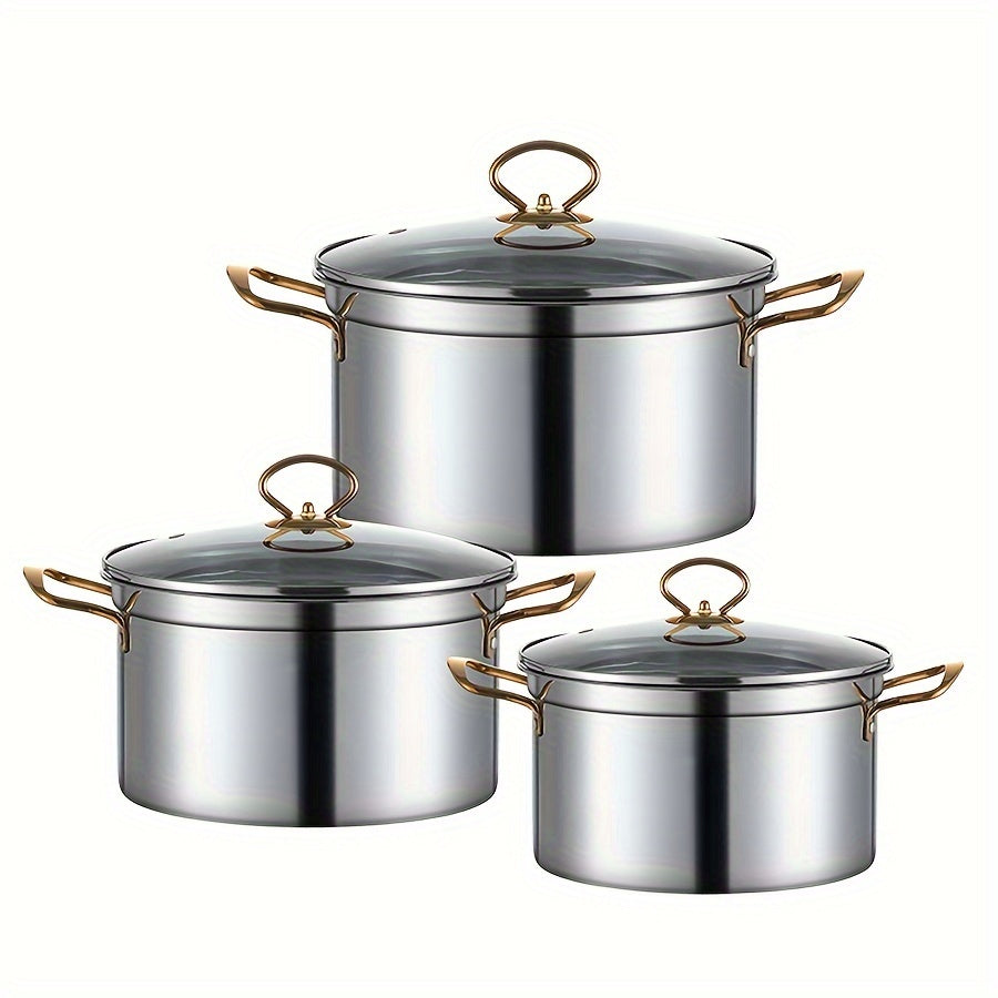 Stainless Steel Stockpot Set with Lids - Includes 3 Pots, 3 Lids, Dual Handles - Ideal for Various Cooking Needs - Compatible with All Stovetops - Great for Soups, Stews, Noodles, Pasta, Seafood - Large Capacity Kitchen Cookware Set