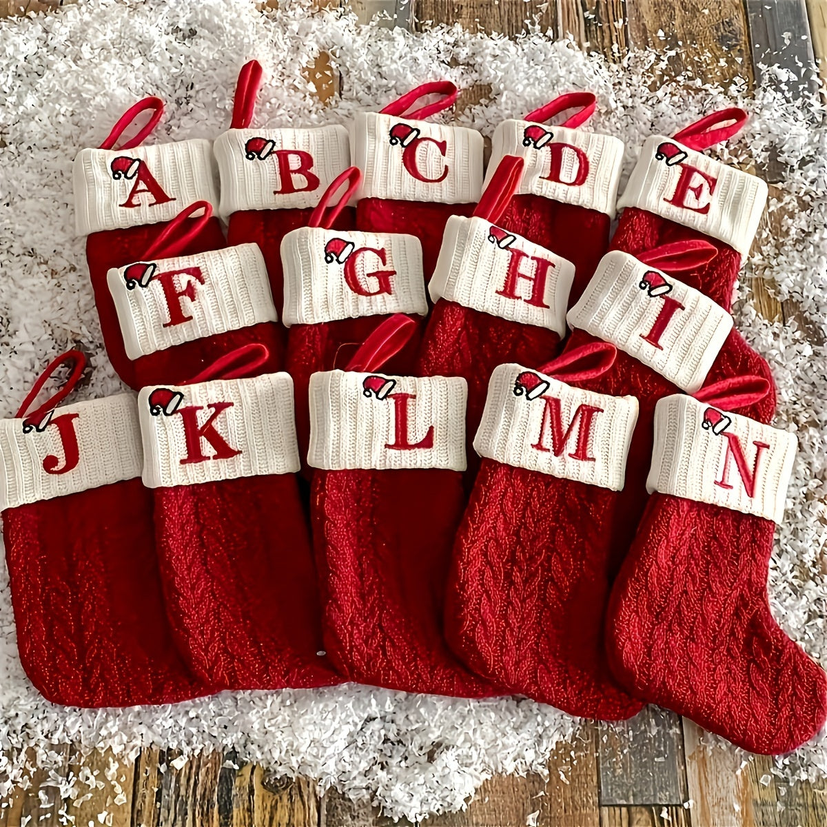 Knitted polyester stockings with personalized initials for festive parties, no electricity required.