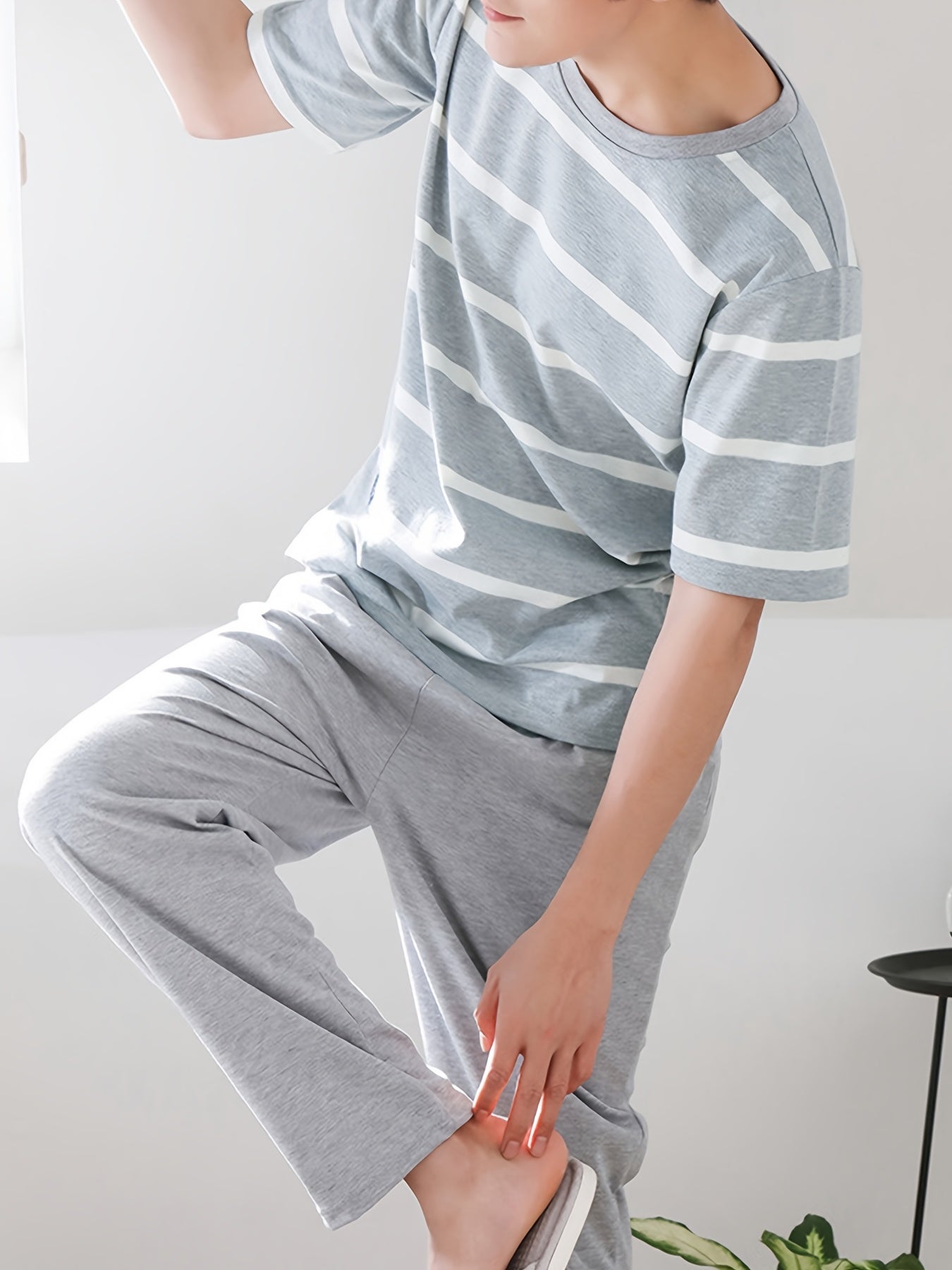 Gray Striped Short Sleeve Top and Long Pants, Men's Pajama and Home Wear Set