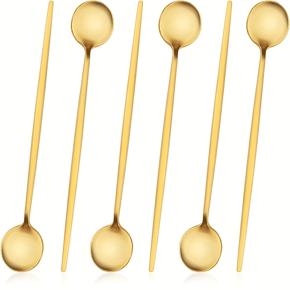 6-piece set of stylish golden ice tea spoons made of premium SUS304 stainless steel, perfect for mixing cocktails, soda, or coffee. From the Portuguese series with a mirror finish, these spoons are dishwasher safe.