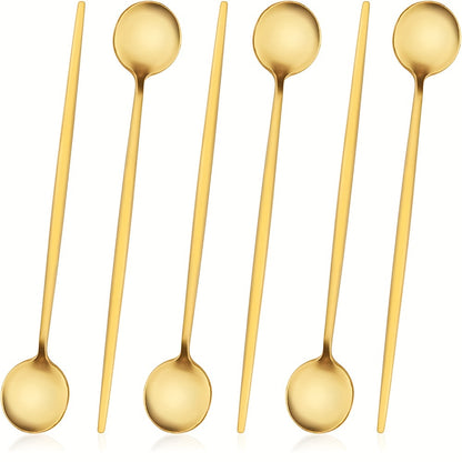 6-piece set of stylish golden ice tea spoons made of premium SUS304 stainless steel, perfect for mixing cocktails, soda, or coffee. From the Portuguese series with a mirror finish, these spoons are dishwasher safe.