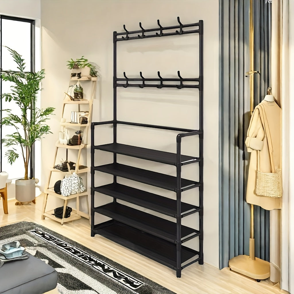 Freestanding Metal and Plastic Shoe Rack with 4/5 Tiers, 8 Hooks, and 2.27 KG Weight Capacity - Black/White Shoe and Clothes Organizer, Easy to Assemble.