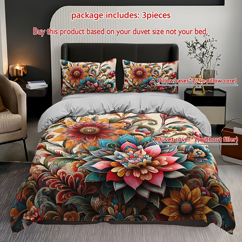 3-piece Bohemian Mandala Floral Bedding Set includes 1 duvet cover and 2 pillow cases. Pillow inserts not included. Perfect for a Christmas present.