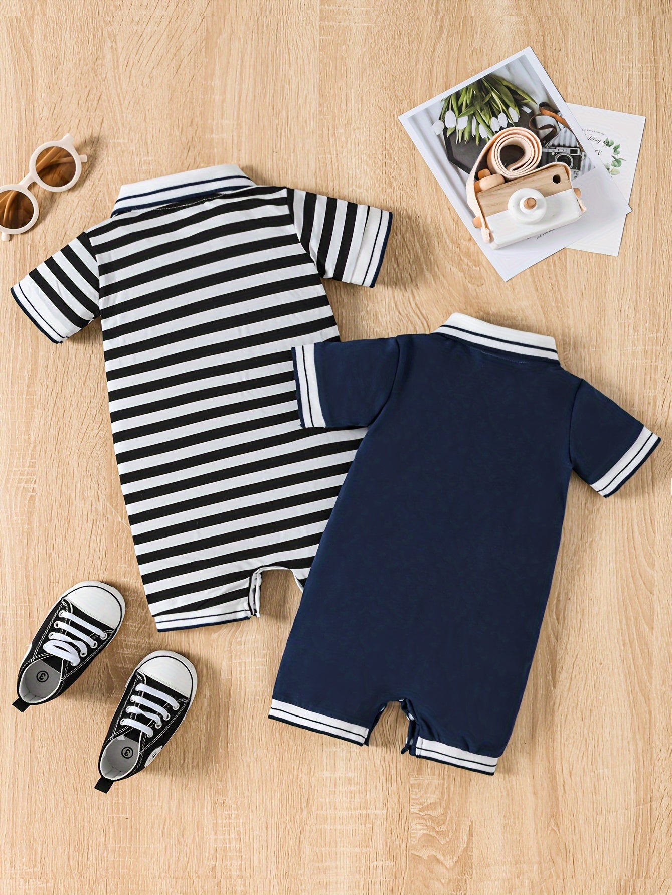 Summer one-piece and two-piece casual crawler suit for infant and toddler boys and girls with short sleeves and half-open chest.