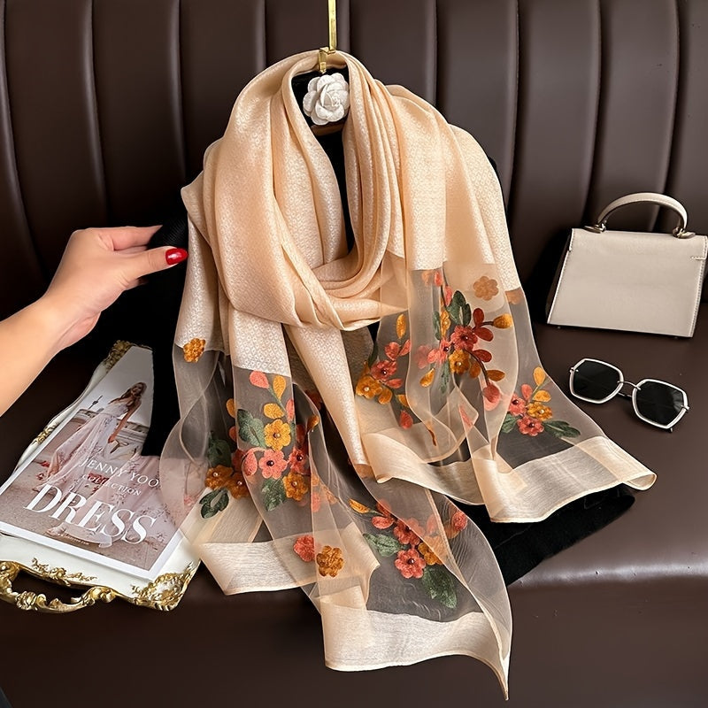 Thin breathable Chinese-style embroidered flower scarf for casual elegance and sun protection.