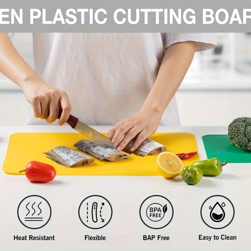 Set of 4 plastic cutting boards for kitchen use. BPA-free and flexible, ideal for cutting meat and vegetables. Affordable kitchen gadgets, measuring 38.1cm x 30.48cm in size.