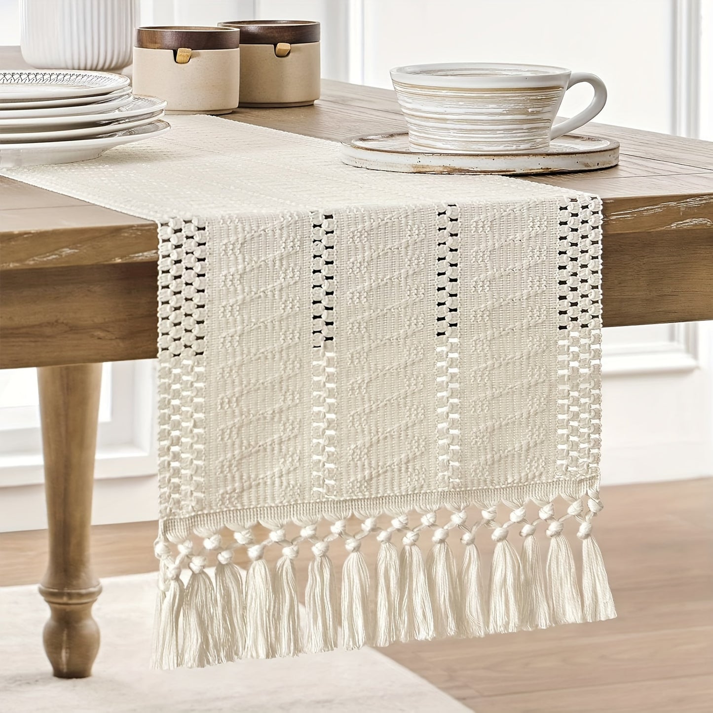 Bohemian macrame crochet table runner with tassels for farmhouse rustic chic decor.