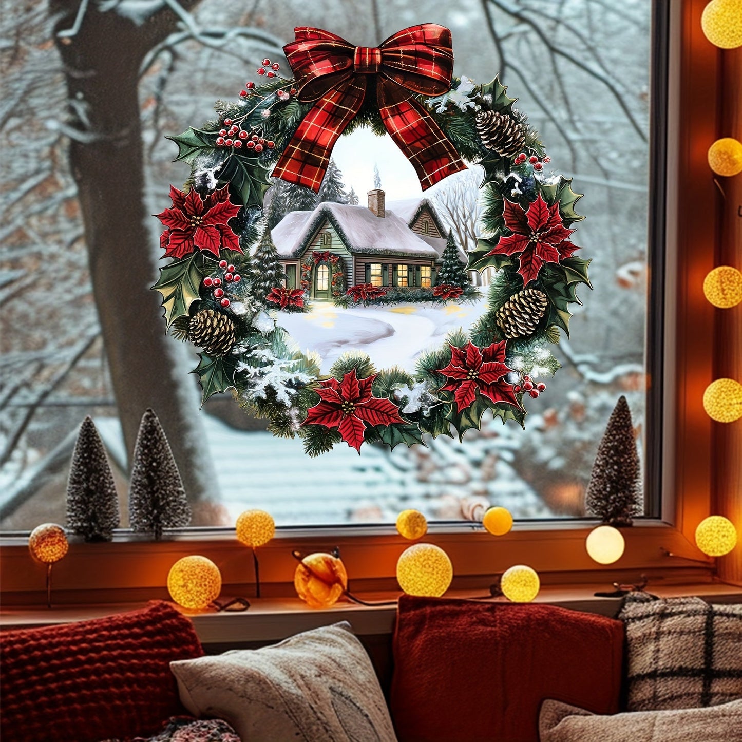 Add festive cheer to your living room with the Christmas Wreath & Snow House Window Cling - a self-adhesive holiday decoration for your glass windows. Bring the magic of Christmas into your home with this charming holiday decor.