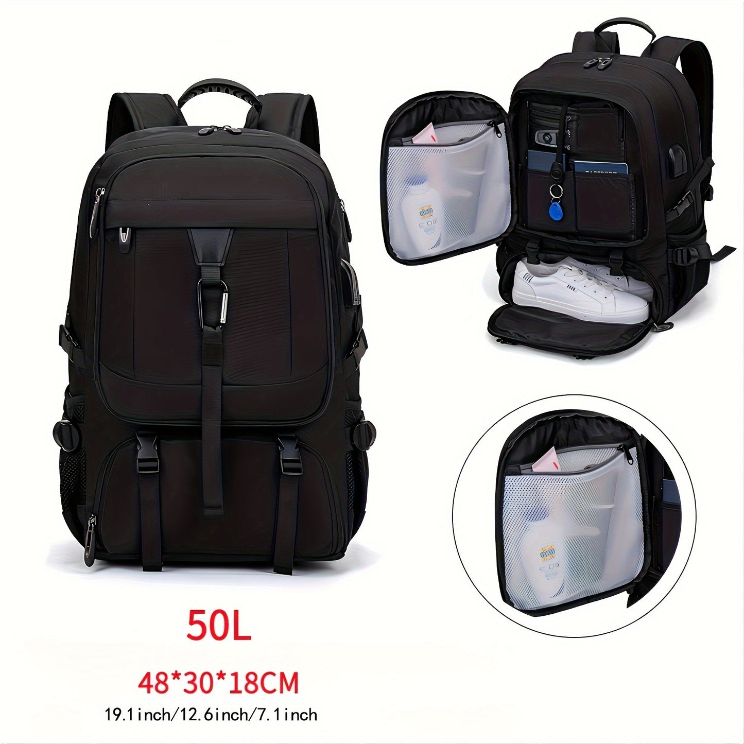 50-80L Travel backpack with shoe compartment, laptop sleeve, and expandable capacity, suitable for sports, hiking, short business trips.