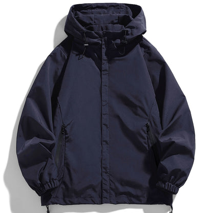 Men's navy blue hooded jacket: trendy zip-up windbreaker made of durable polyester, ideal for spring and fall weather.