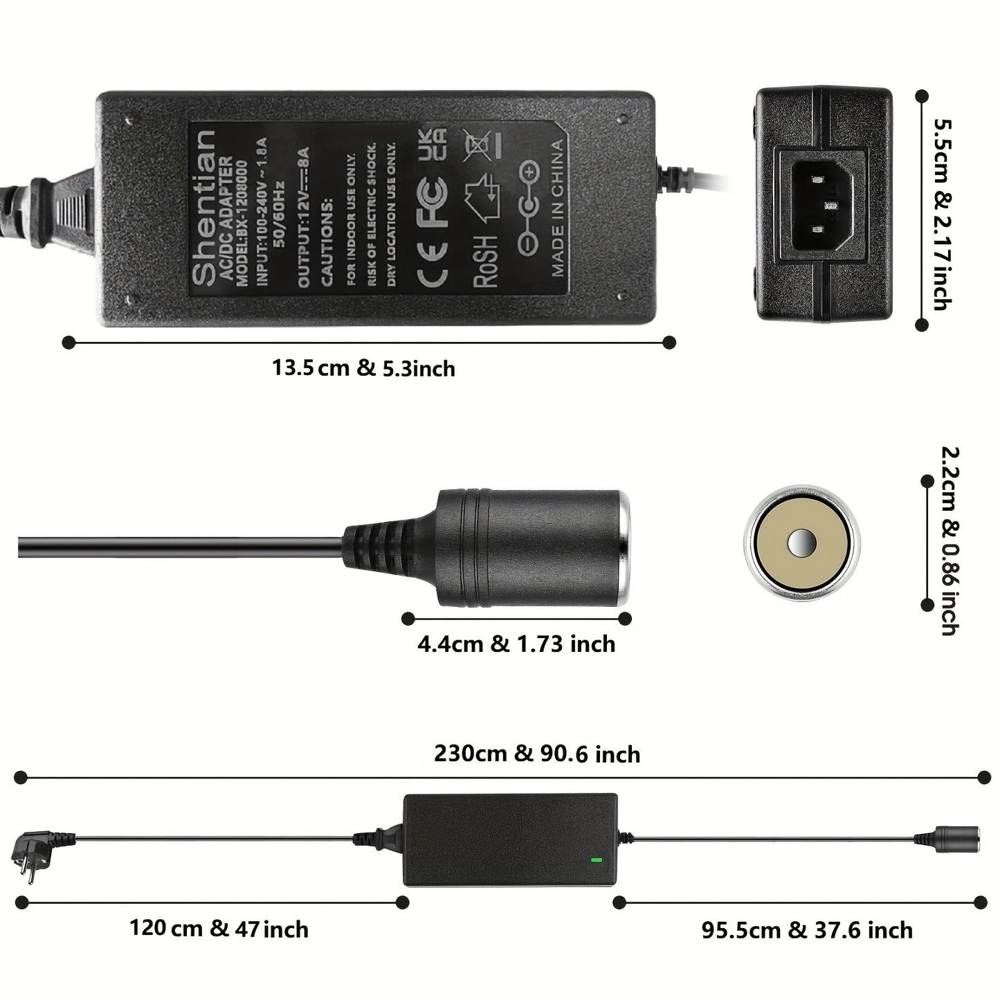 Shentian 96W AC to DC Power Adapter with Cigarette Lighter Socket, European Plug and Green LED Indicator - Perfect for Upgrading Vehicle Electronics.