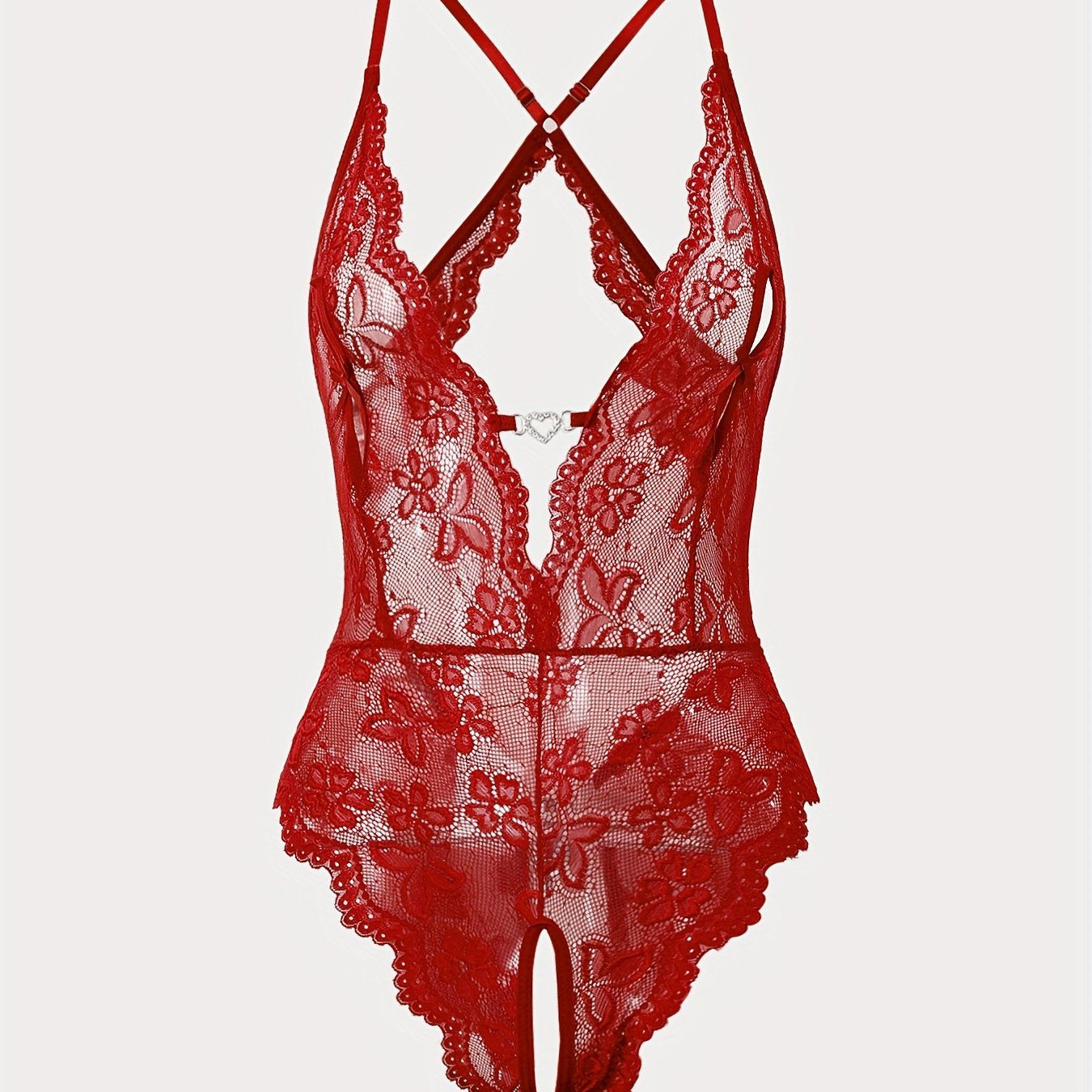 Sexy adult bodysuit in lacy red with deep V-neck, bow detail, floral print, made of nylon, in adult size.