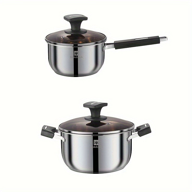 Stainless Steel Cookware Set - Includes 17.3cm Milk Pot and 21.59cm Soup Pot, Easy to Clean, Compatible with Gas Stove, Suitable for All Types of Stovetops