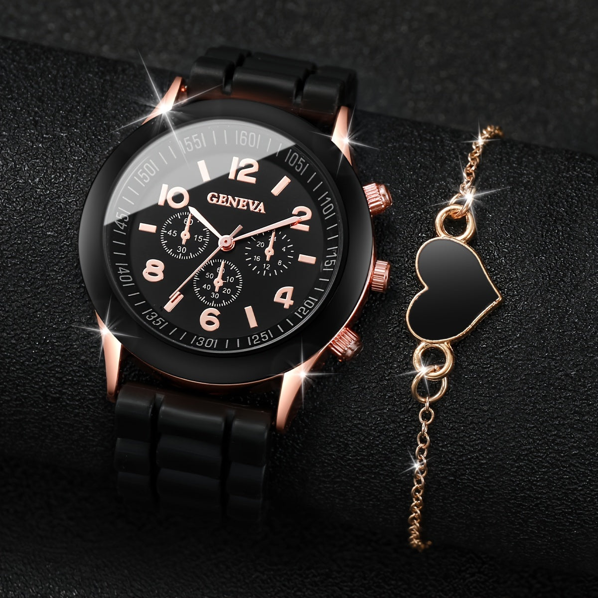 6-piece Women's Fashion Casual Watch Set with quartz movement, silicone band wristwatches, heart bracelet, and non-rechargeable button battery included.