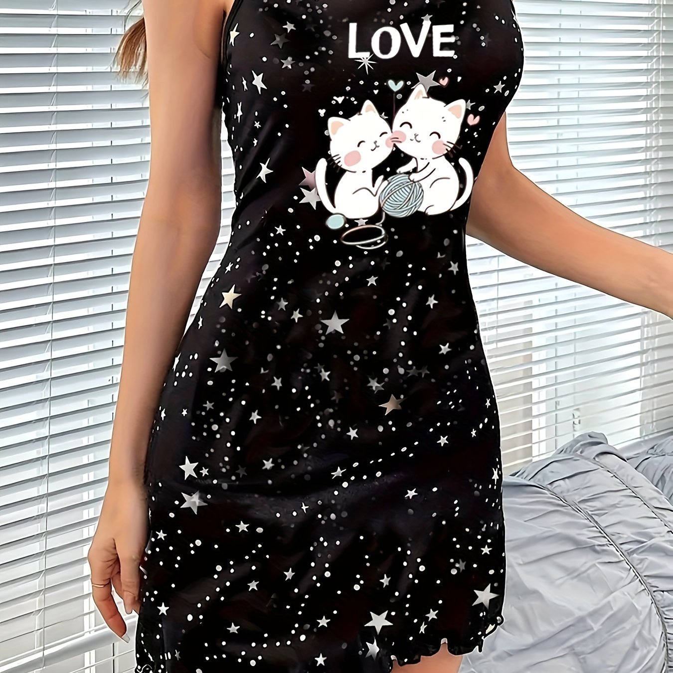 Cat and star print, frill trim lounge dress, backless slip dress, comfortable nightgown for women