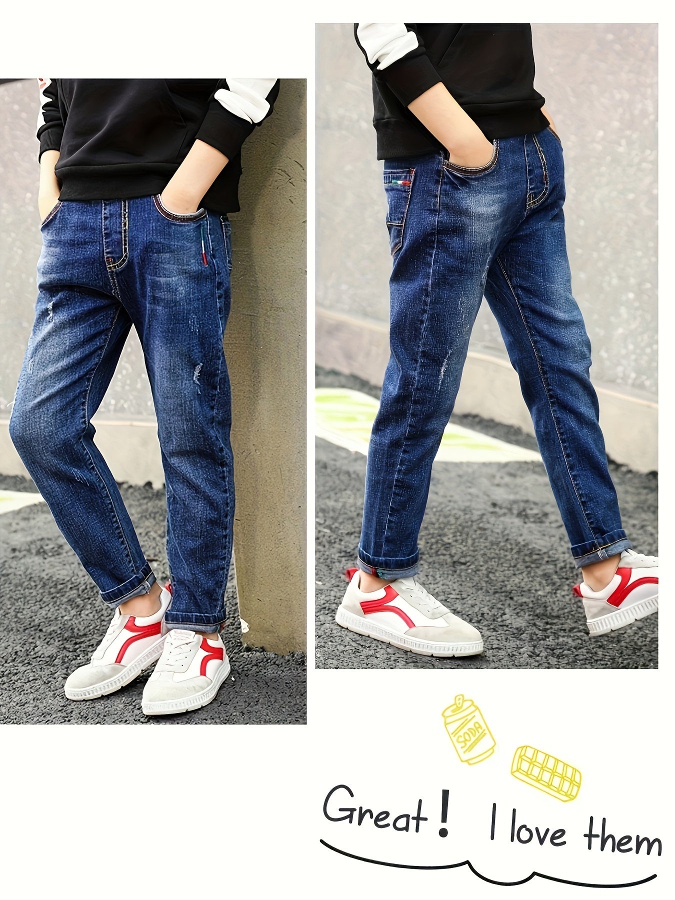 Boys' denim long pants for older kids, suitable for spring, summer, and autumn, in a casual style.