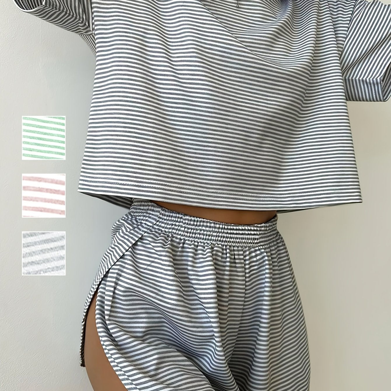 Stripe print lounge set with short sleeve crop top and side split shorts for women's fall/winter loungewear.