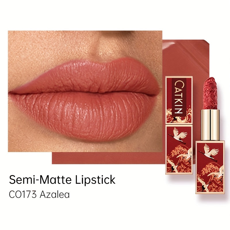 CATKIN Red Carving Matte Lipstick with Waterproof Long-Lasting Satin Finish for Smooth Red and Nude Lips.