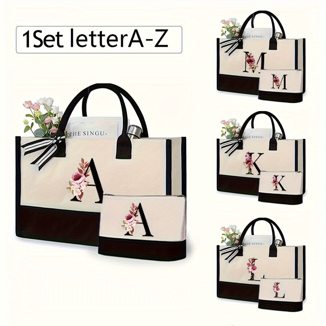 Simple letter handbag with canvas material and letter detail design. Large, versatile shopping bag that is perfect for office and work. Portable, lightweight shoulder bag for women.