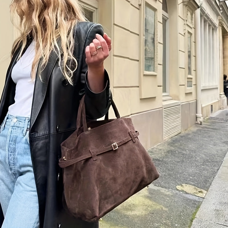 Vintage-style large capacity suede handbag with fixed shoulder straps and buckle closure, suitable for daily commute, dates, and travel.