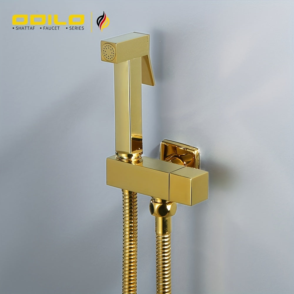 1-piece copper toilet spray gun with integrated female flush nozzle, in rose gold color.