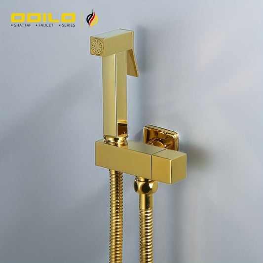 1-piece copper toilet spray gun with integrated female flush nozzle, in rose gold color.