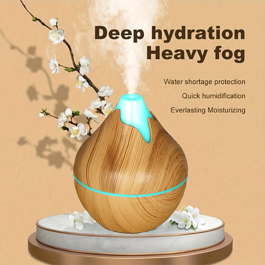 USB powered humidifier with aromatherapy, quiet operation, wood grain design, suitable for home and office.