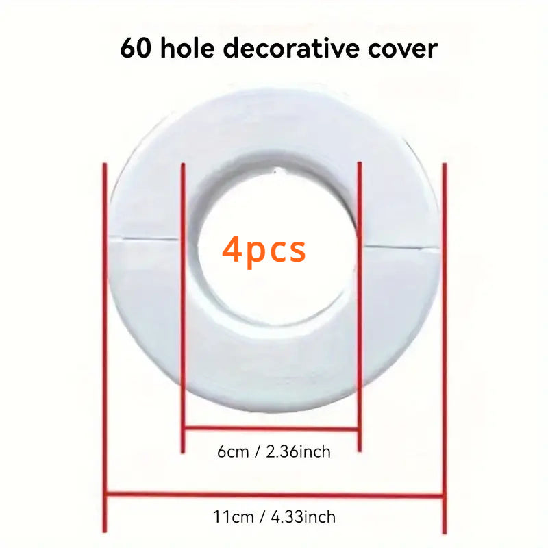 Set of four white plastic covers for air conditioner holes, made of PP material. These decorative caps are designed to protect wall-mounted pipes with hole sizes of 5.0cm, 5.99cm, 7.01cm, and 8.0cm.