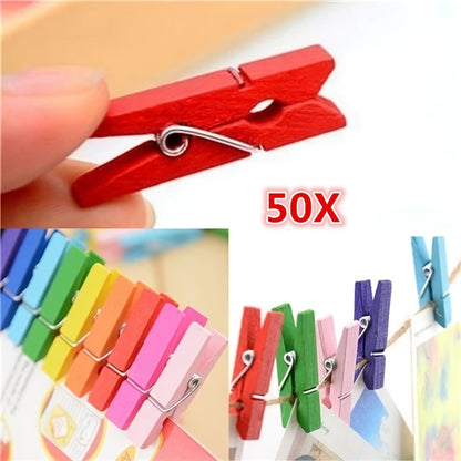 50 colorful wooden clips for DIY photo storage and crafts.