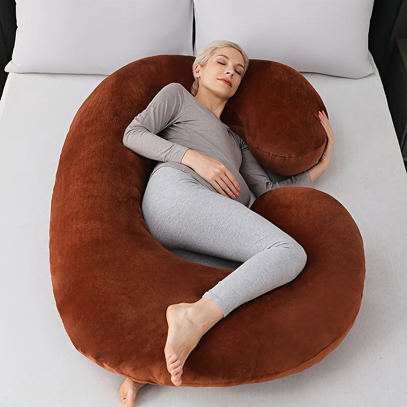 The Ultra-Soft Crystal Velvet Maternity Pillow offers C-Shaped full body support with a removable and washable cover. It includes a large lumbar cushion for comfortable sleep during pregnancy, making it the perfect gift for Christmas, Halloween, and