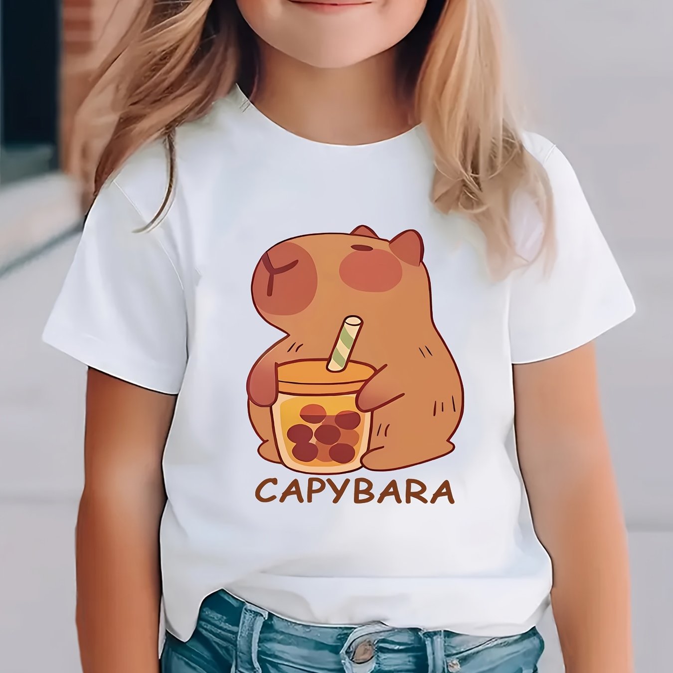 Girls' cozy round neck t-shirt with capybara drinking milk tea pattern, perfect for spring and summer.