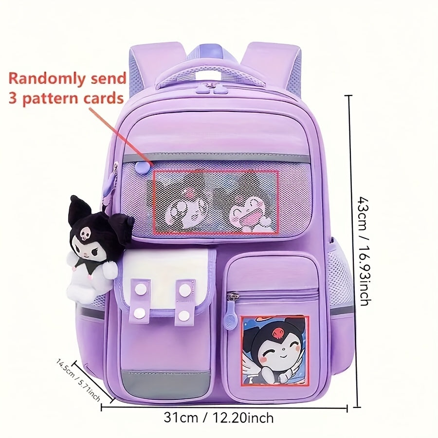 Kawaii Kuromi-themed school backpack with multiple pockets, lightweight design, shoulder straps, and compartments for organizing supplies and rewards.