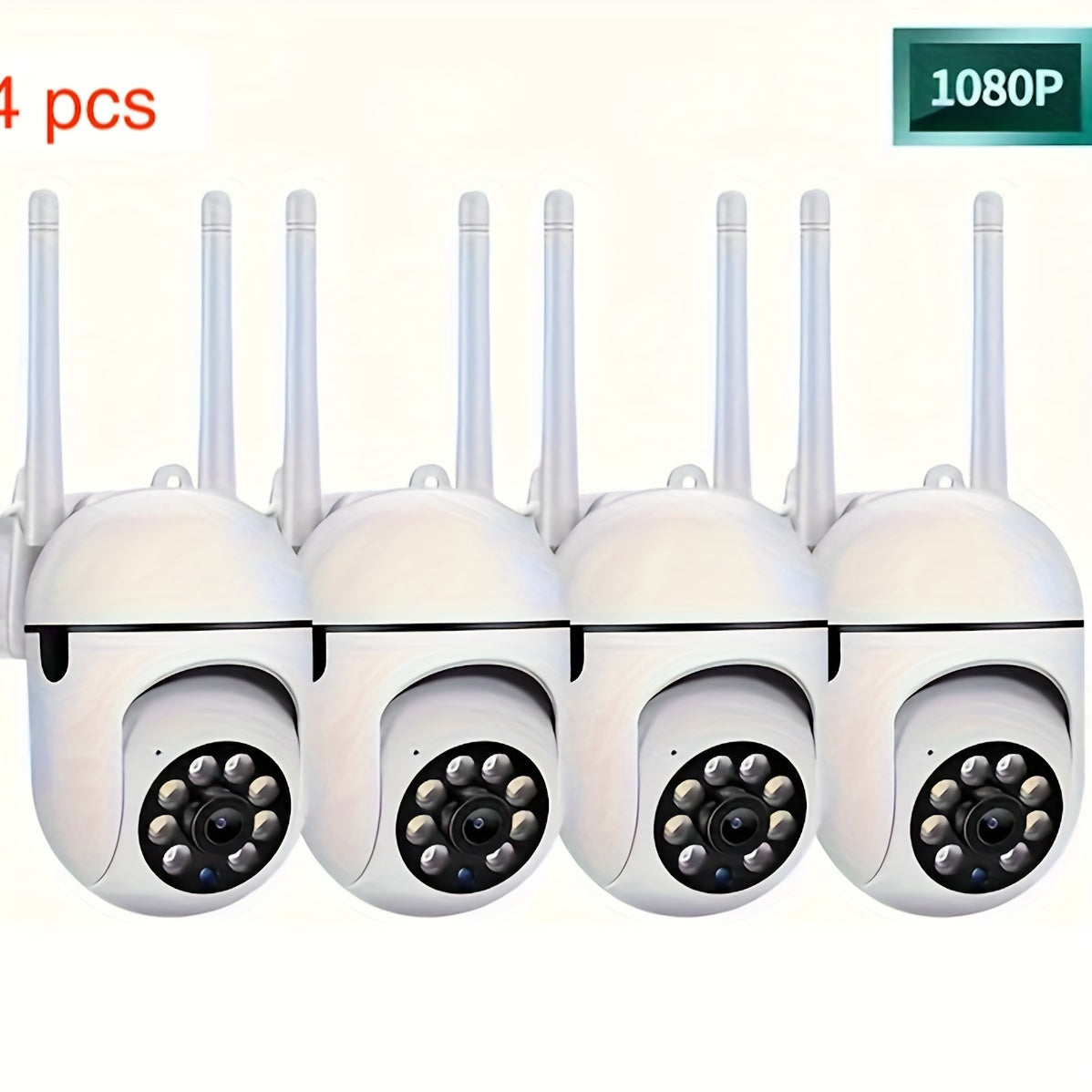 Four 1080P HD WiFi security cameras with wall mounting, night vision, app control, motion and audio alerts, USB power, 360° horizontal and 90° vertical rotation, indoor surveillance with