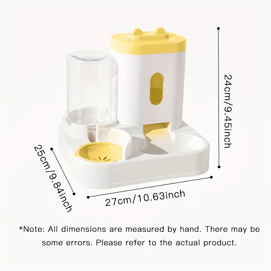 Dual bowl ergonomic cat feeder and water dispenser set made of plastic for cats, featuring automatic food and water feeding for neck-friendly use.