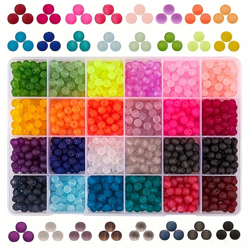 24 colors of frosted round glass beads, 6mm each, totaling 1440 pieces. Perfect for crafting earrings, bracelets, necklaces, and other DIY jewelry projects.