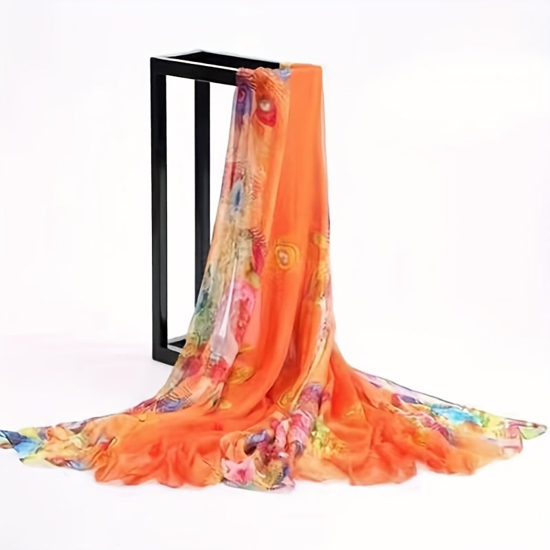 Lightweight, breathable bohemian floral shawl for women in vibrant multicolor. Windproof sunscreen beach wrap made of smooth polyester fabric. Perfect for summer travel and beach days.