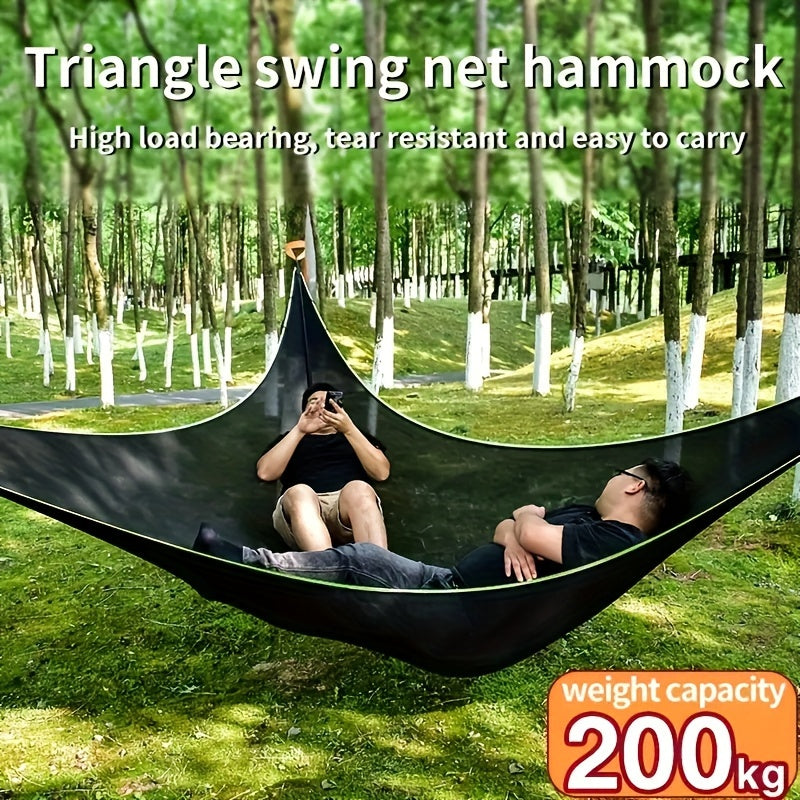 Large triangular hammock made of durable polyester fabric, easy to assemble with no power needed. Ideal for camping and outdoor relaxation.