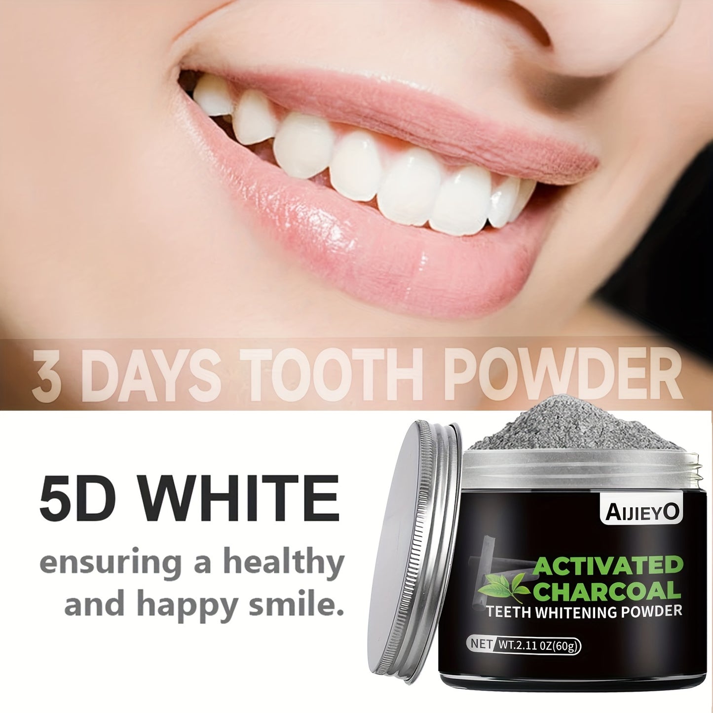 Charcoal teeth whitening powder with mint flavor freshens breath, brightens smile, and naturally whitens teeth and gums.