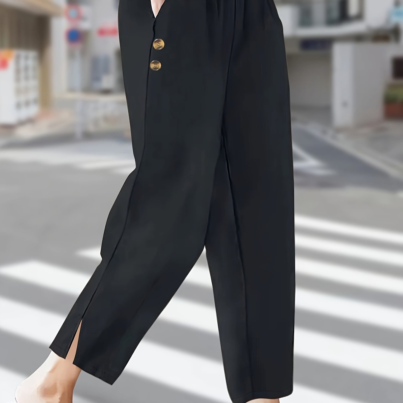 1pc Elegant Solid Color High-Waisted Wide Leg Pants for Women, Non-Stretch Woven Fabric with Side Button Detail and Front Slit, Fall Fashion