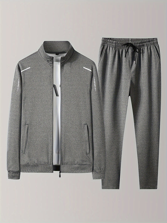 Men's 2-piece set for outdoor jogging and gym workout in spring and autumn, featuring a solid long sleeve zip up jacket with stand collar and drawstring joggers.