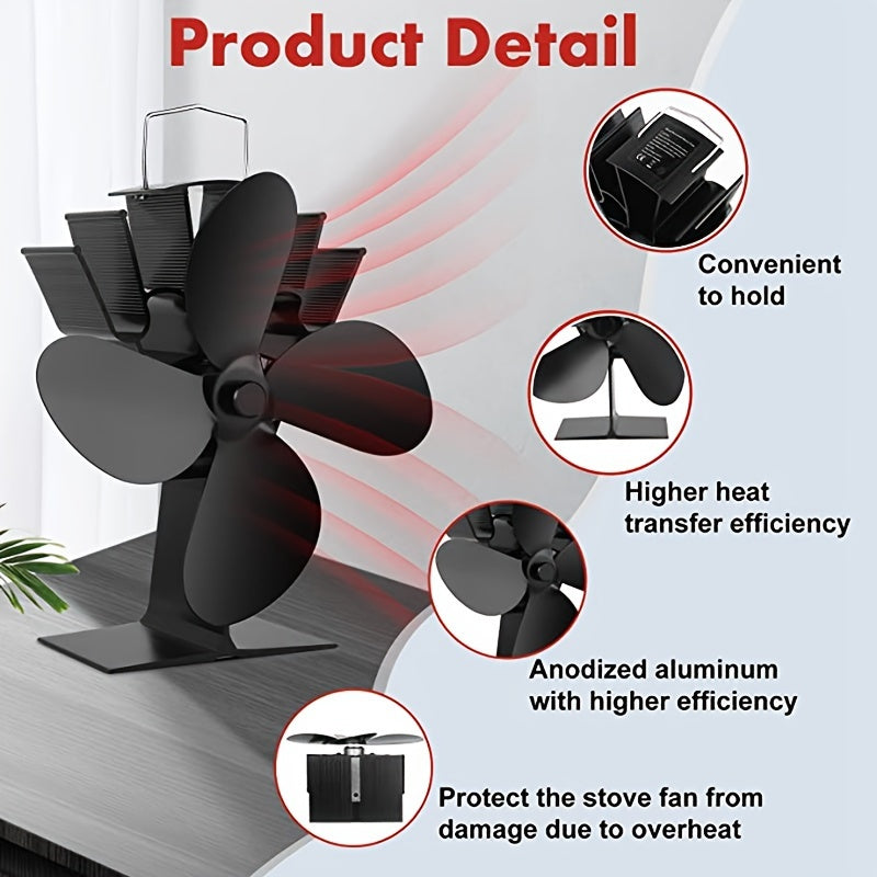 This high-speed 4-blade wood stove fan efficiently distributes heat with its high-quality, battery-free design. Made from sturdy painted metal, it is ideal for promoting air circulation and cooling in any space, whether at home, in the office, or