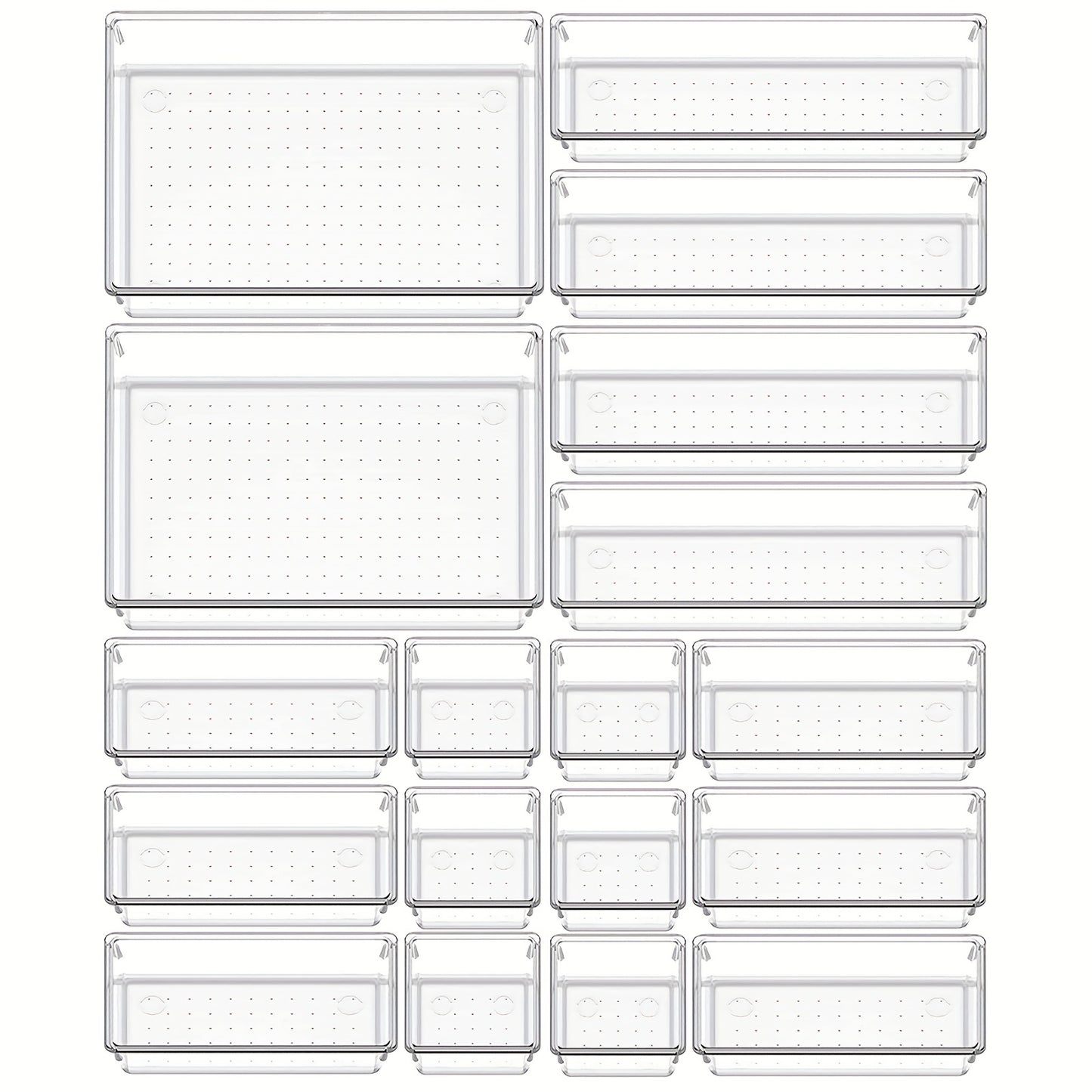 Set of 9/18 versatile clear plastic organizers for vanity and bathroom drawers, in 4 different sizes, for makeup, kitchen, and office.