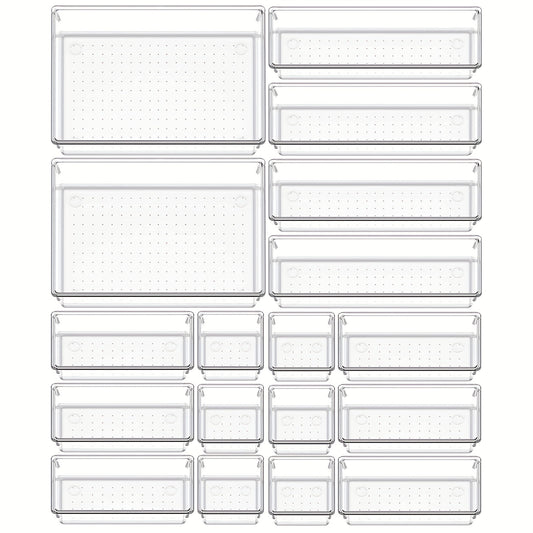 Set of 9/18 versatile clear plastic organizers for vanity and bathroom drawers, in 4 different sizes, for makeup, kitchen, and office.