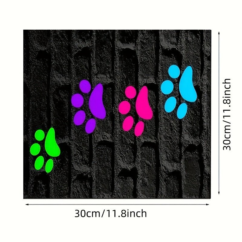 Cute paw print pet feeding mat for indoor/outdoor use, non-slip polyester material, versatile all-seasons accessory for pet food & water bowls.