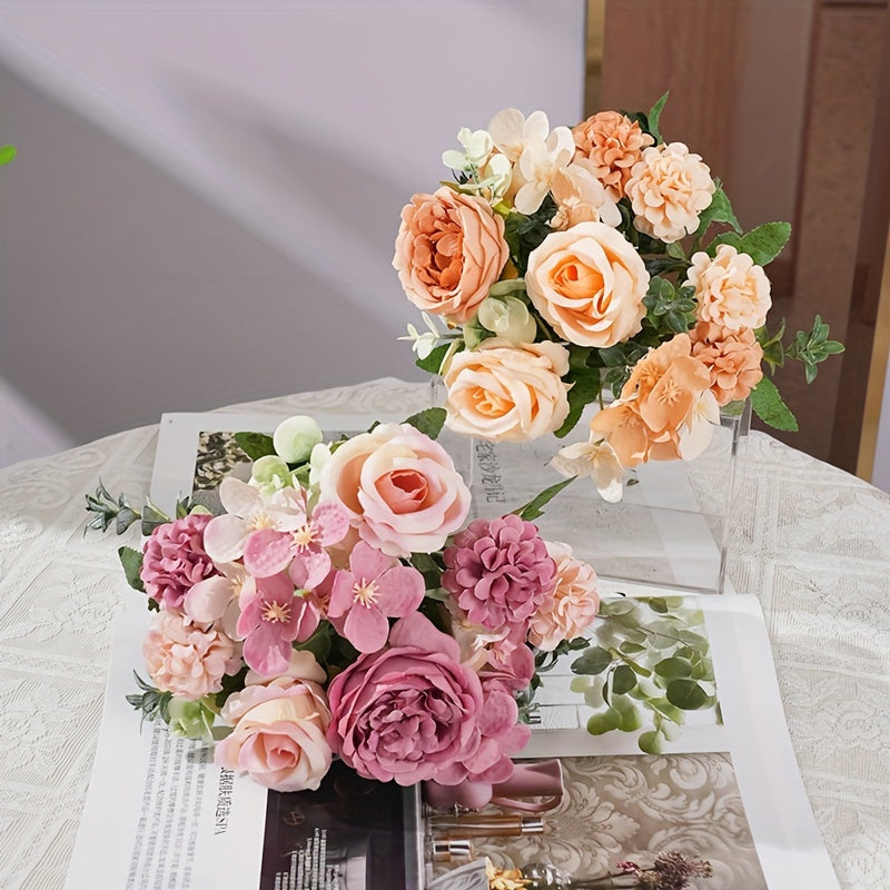 1pc Elegant Artificial Rose and Peony Bouquet - Ideal for Weddings, Parties, Home Decor | Multi-Room Display, Vase Not Included | Plastic Flowers in Pink, Orange, Beige, White