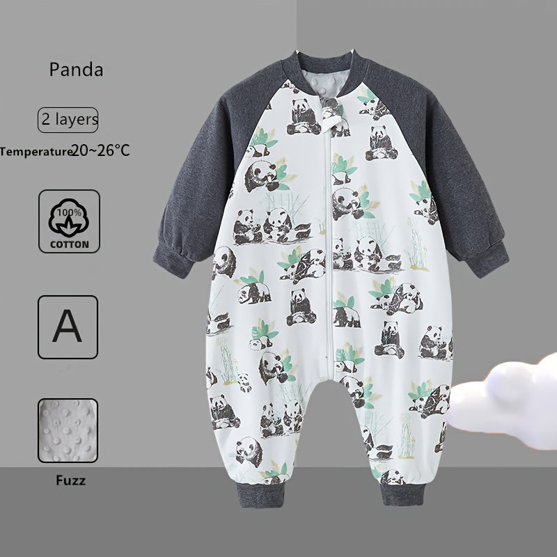 Unisex baby sleep sack with animal print is made of thick cotton filled fleece, lined with polyester fiber fill. Machine washable, suitable for one person. Cover made of 100% cotton, with 120-140g lining weight.