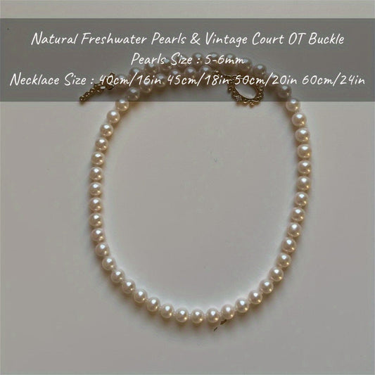 Handcrafted Vintage Freshwater Pearl Necklace featuring an OT Clasp - 5-6mm White Pearls, Suitable for Both Men and Women, Great for Everyday Wear or Special Events, Presented in a Elegant Gift Box, Timeless Pearl Jewelry Piece