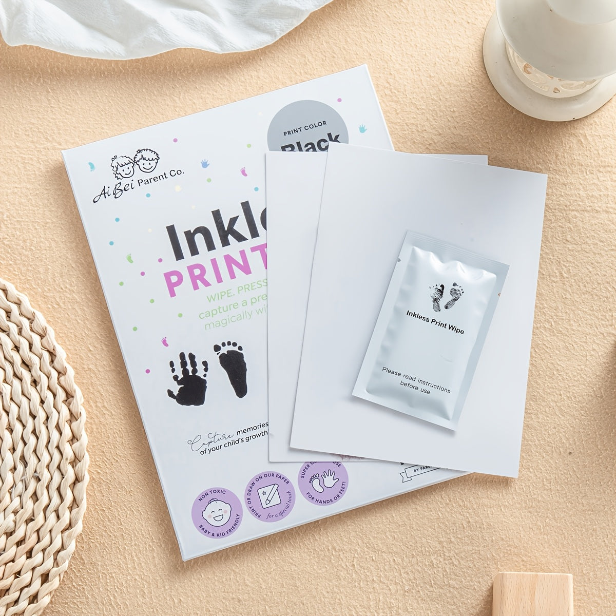 Parent company Ai Bei offers an inkless print kit for youngsters, providing a safe and mess-free way to capture hand and footprints. Ideal for creating keepsakes or giving as gifts.