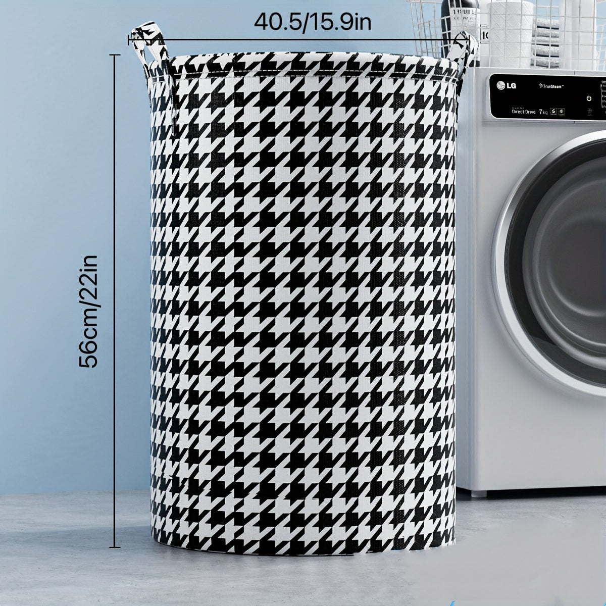 Round Houndstooth Fabric Laundry Basket featuring Leather Handles, Perfect for Storing Clothes & Toys. Can be Folded for Easy Storage. Versatile and Minimalist Design ideal for Home, Kitchen, or Bedroom.